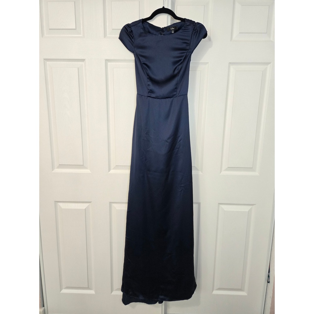 Lulus XS Celebration of Romance Navy Blue Satin Tie Back Maxi Dress XS Formal